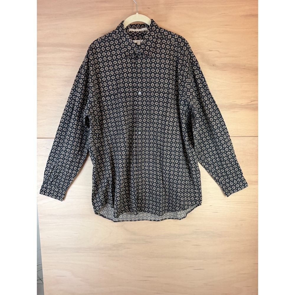 Perry Ellis Mens Large Navy Geometric Diamond Print Button Down Shirt USA Made